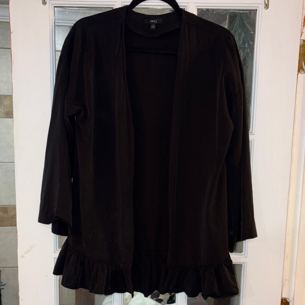 Very J Charcoal Black Cardigan with Ruffle Detail Small